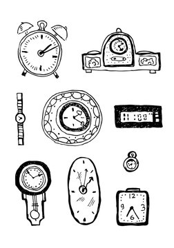 Hand drawn ink black and white cartoon illustration of different clocks