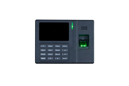 Black fingerprint scanner isolated on white background for security system and time attendance system