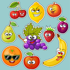 
Cartoon fruit characters. Fruit emoticons. Stickers Grape, orange, apple, lemon, strawberry, peach, banana, plum, cherry, pear