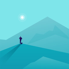 Vector business concept illustration with businessman standing on mountain peak and watching at new top. Metaphor for new aims and goals, purposes, achievements and aspirations, motivation.