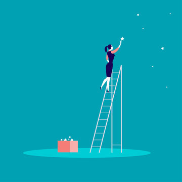 Vector business concept illustration with business lady standing on stairs and reaching star on the sky. Blue background. Reach your dream, aspirations and solutions - metaphor.