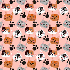 Cute cat face seamless pattern vector.