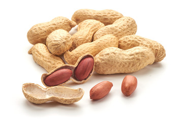 Useful peanut, close-up, isolated on white background.
