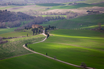 Fototapeta na wymiar Tuscany, Italy. Spring landscape with rolling hills and green meadow.