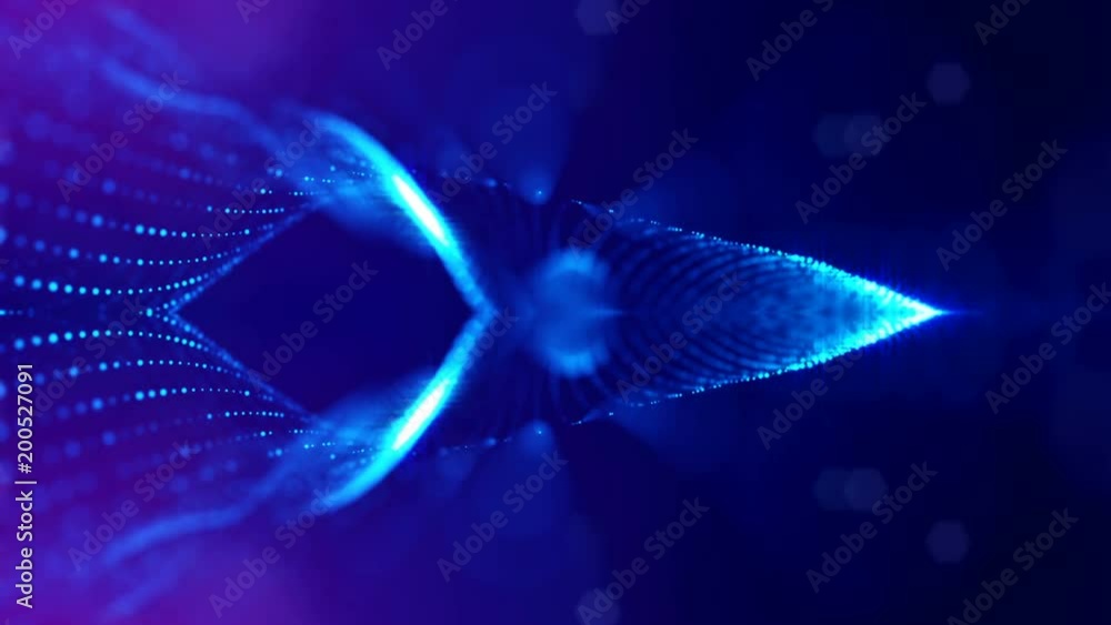 Poster 3d loop animation as science fiction background of glowing particles with depth of field and bokeh f