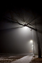 Scattered white street light at night, thick fog
