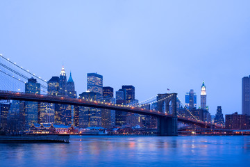 Fototapeta na wymiar Brooklyn Bridge over the East River and downtown skyline, Manhattan, New York City, New York, United States