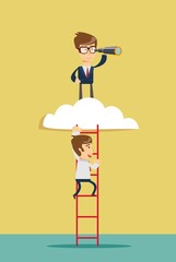 Business leadership vector concept with businessman standing on a ladder going throught the cloud and looking to future with telescope.