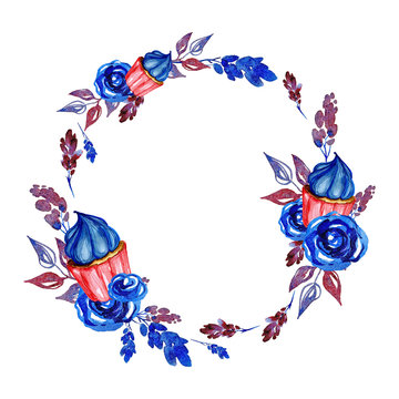Round frame with watercolor capcake with blue cream and ts isolated on white background...