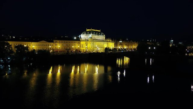 National Theatre, Prague, Czech Republic, evening drone view, street, cityscape, bridge, city transport, river