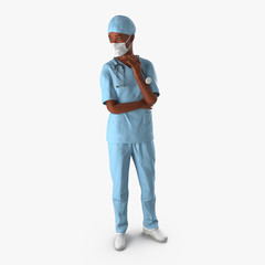 Woman African American surgeon doctor or nurse full length portrait isolated on white. 3D illustration