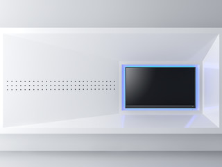 Minimal style image empty television screen with clipping path 3d render.There is geomety shape wall with white and glossy material.Hide the blue decorative lights behind tv.