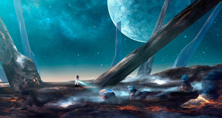 Space scene. Astronaut on lava land with big spike. Blue nebula with planet. Elements furnished by NASA. 3D rendering