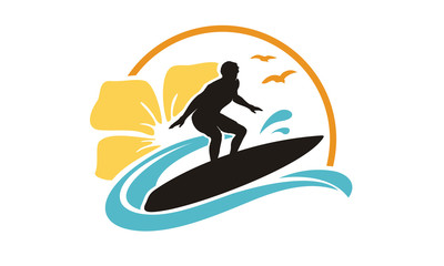 Sun Surf Hawaii Beach Sea Sport Hibiscus Flower Summer Vacation Holiday logo design 