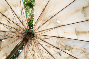 Big umbrellas are very old, dirty, torn and colorless