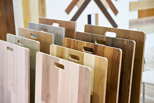 Samples of wooden panels for walls and floor in store