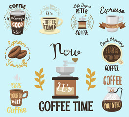 Vintage vector coffeeshop logo text labels and coffee drink love quote ribbon logo coffeebeans badges calligraphy break typography lettering