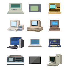 Computer technology vector evolution display telecommunication equipment metal pc monitor frame modern office network.