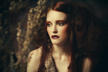 Naklejka premium close up portrait redhair woman with bright creative make up