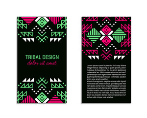 Aztec colorful ornamental vertical card template. American indian leaflet design. Front and back page. Tribal pattern. Ethnic geometric ornate background. Vintage flyer. EPS 10 vector brochure set.