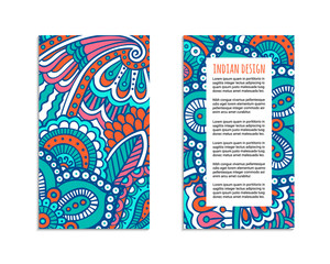 Indian style bright colorful mehendi ornament flyer. Front and back pages. Ornamental vertical blank with ethnic motifs. Paper brochure template. Oriental design concept. EPS 10 vector illustration.