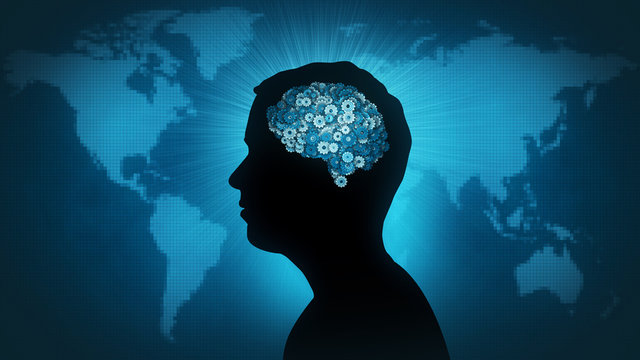 Man profile silhouette with gearwheel brain in front of Earth map