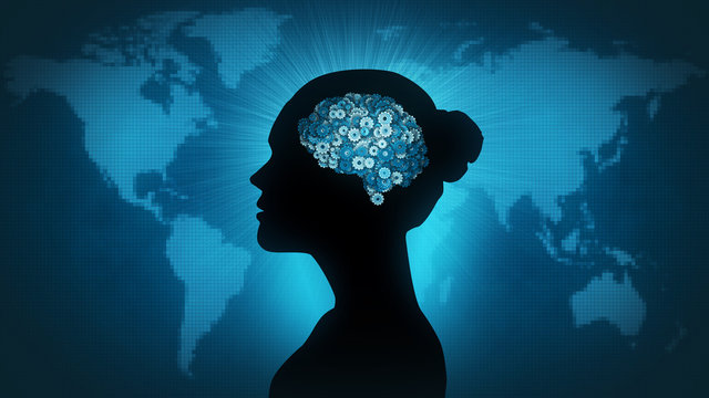 Woman profile silhouette with gearwheel brain in front of Earth map