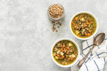 Moroccan carrot lentil spinach soup. Top view, space for text. 