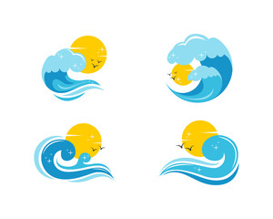 set Bright Sun and sea vawes icon logo sunrise sunset for surfing and swim