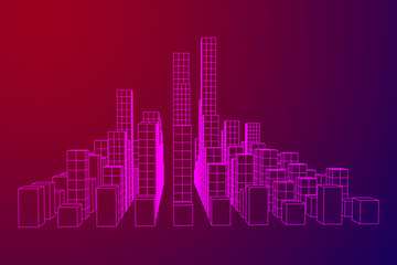 Mesh low poly wireframe cubes array like skyscraper city. Connected lines town. Connection Box Structure. Digital Data Visualization Concept. Vector Illustration.