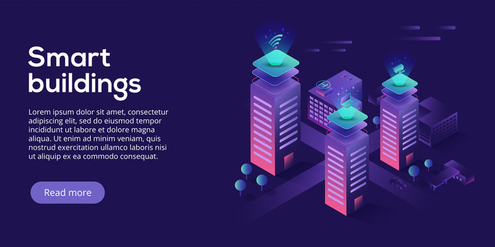 Smart City Or Intelligent Building Isometric Vector Concept. Building Automation With Computer Networking Illustration. Management System Or BAS Background. IoT Platform As Future Technology.