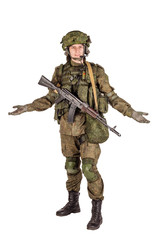 russian special forces soldier with rifle on dark background. army, military and people concept