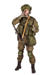 russian special forces soldier with rifle on dark background. army, military and people concept