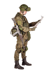 russian special forces soldier with rifle on dark background. army, military and people concept