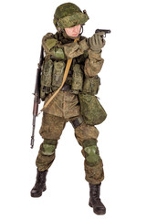 russian special forces soldier with rifle on dark background. army, military and people concept