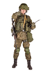 russian special forces soldier with rifle on dark background. army, military and people concept