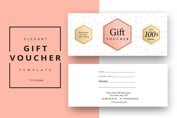 Trendy abstract gift voucher card templates. Modern discount coupon or certificate layout with artistic stroke pattern. Vector fashion bright background design with information sample text.