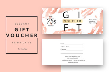 Trendy abstract gift voucher card templates. Modern discount coupon or certificate layout with artistic stroke pattern. Vector fashion bright background design with information sample text.