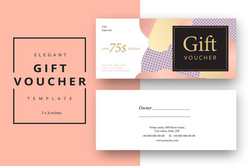 Trendy abstract gift voucher card templates. Modern discount coupon or certificate layout with artistic stroke pattern. Vector fashion bright background design with information sample text.