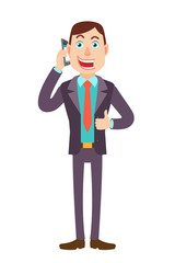 Businessman talking on mobile phone and showing thumb up