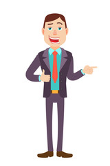 Businessman showing thumb up and pointing something beside of him