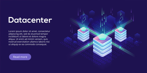 Datacenter isometric vector illustration. Abstract 3d hosting server or data center room background. Network or mainframe infrastructure website header layout. Computer storage or farming workstation.