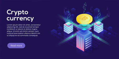 Cryptocoin mining farm layout. Cryptocurrency and blockchain network business isometric vector illustration. Crypto currency exchange or transaction process background.