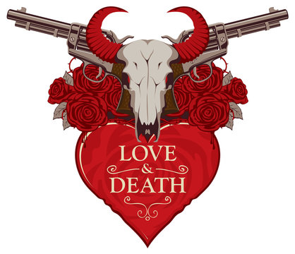 Vector banner on theme of love and death. Template for clothes, textiles, t-shirt design. Illustration with skull of bull, red heart, roses, old revolvers and barbed wire isolated on white background