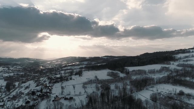 Drone shot of a southern Polish countryside in the winter. 