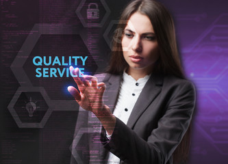 The concept of business, technology, the Internet and the network. A young entrepreneur working on a virtual screen of the future and sees the inscription: Quality service