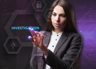 The concept of business, technology, the Internet and the network. A young entrepreneur working on a virtual screen of the future and sees the inscription: Investigation