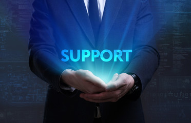 Business, Technology, Internet and network concept. Young businessman working on a virtual screen of the future and sees the inscription: Support