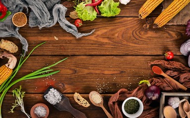 Preparation for cooking. Healthy food. Top view. On a wooden background. Copy space.
