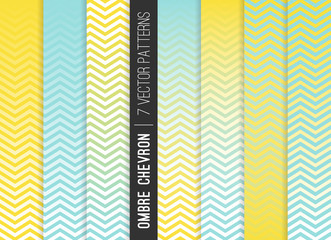 Yellow Mint Green Ombre Chevron Vector Patterns. Spring Background. Gradient Fade Texture Dip Dye Style. Zigzag Stripes Blending into Solid Color. Horizontally Seamless Pattern Tile Swatches Included © Artefficient